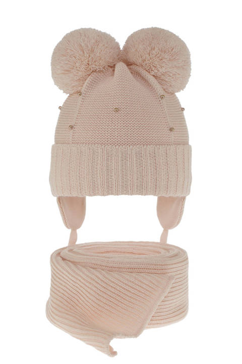 Girl's winter set: hat and scarf pink Fibien with two pompom								