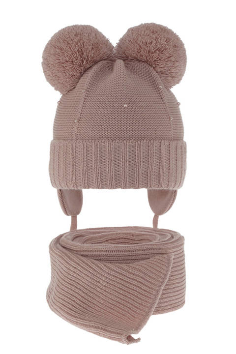 Girl's winter set: hat and scarf pink Fibien with two pompom								