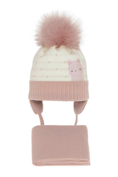 Girl's winter set: hat and scarf pink Lori with pompom