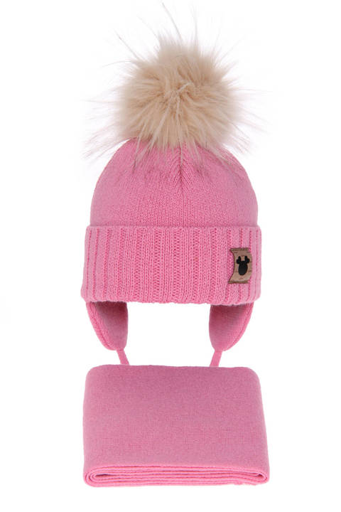 Girl's winter set: hat and scarf pink Tendi with pompom