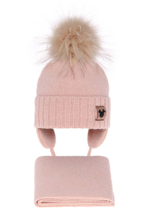 Girl's winter set: hat and scarf pink Tendi with pompom