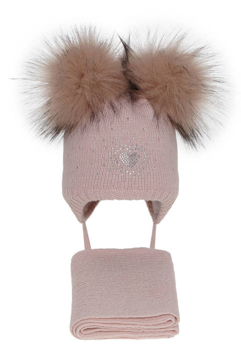 Girl's winter set: hat and scarf pink Viki with two pompom