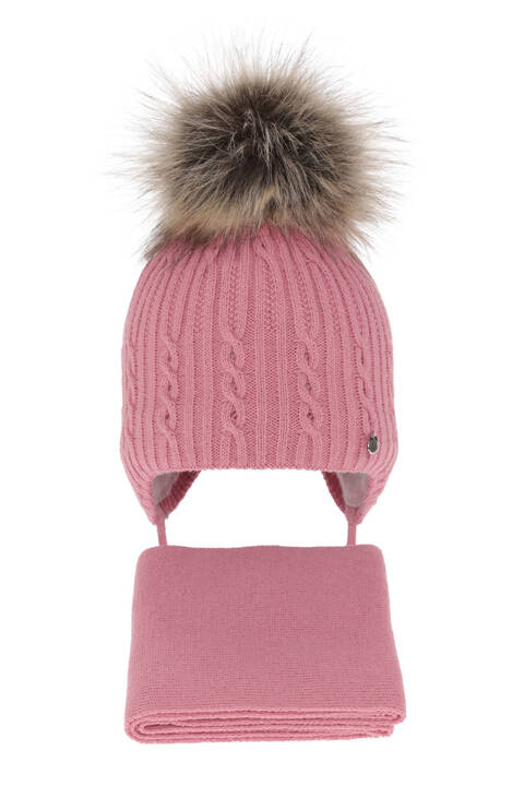 Girl's winter set: hat and scarf pink with pompom Amana