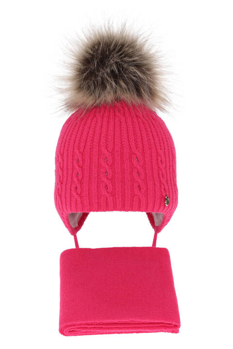 Girl's winter set: hat and scarf pink with pompom Amana