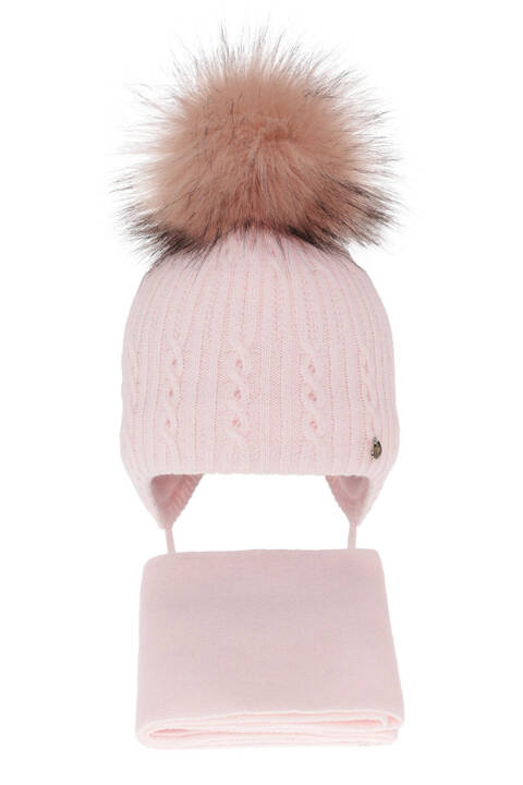 Girl's winter set: hat and scarf pink with pompom Amana