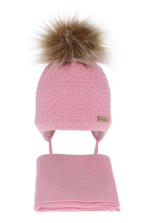 Girls winter set hat and scarf pink with pompom Clotilde