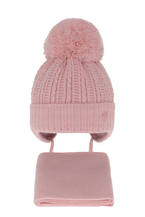 Girl's winter set: hat and scarf pink with pompom Marisa