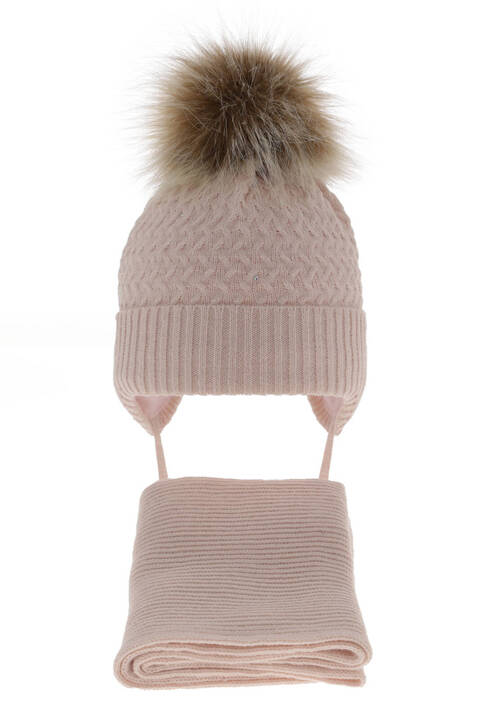 Girl's winter set: hat and scarf pink with pompom Zelta