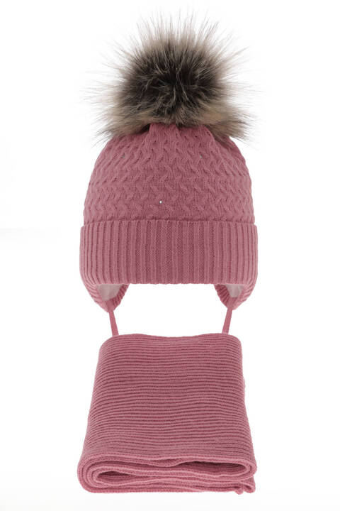 Girl's winter set: hat and scarf pink with pompom Zelta