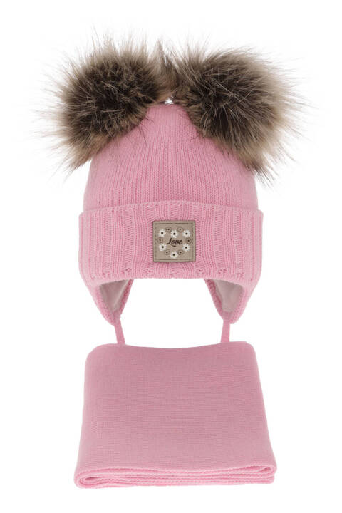 Girls winter set: hat and scarf pink with two pompoms Jazz