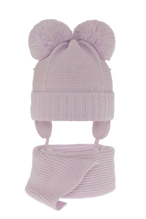 Girl's winter set: hat and scarf violet Fibien with two pompom								