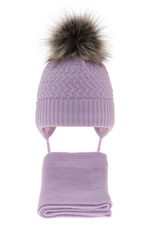 Girl's winter set: hat and scarf violet with pompom Zelta