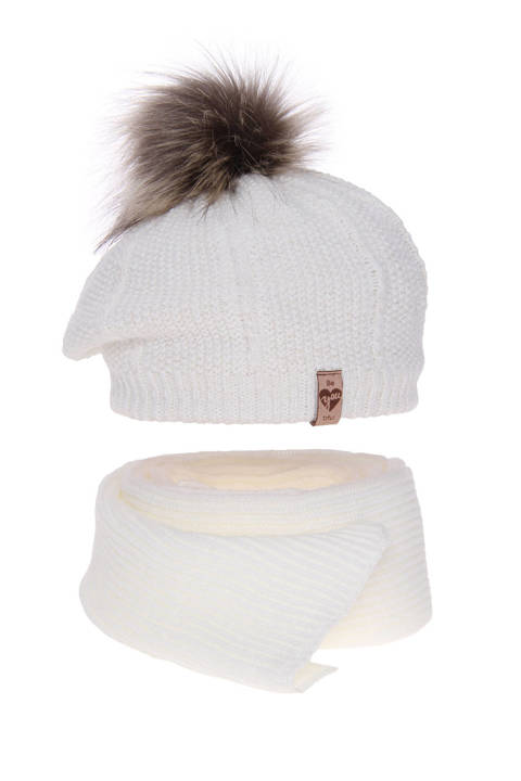 Girl's winter set: hat and scarf white Elif with pompom