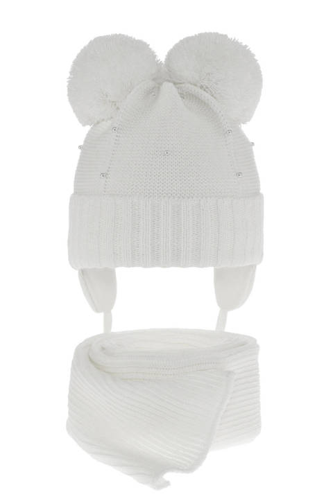 Girl's winter set: hat and scarf white Fibien with two pompom								