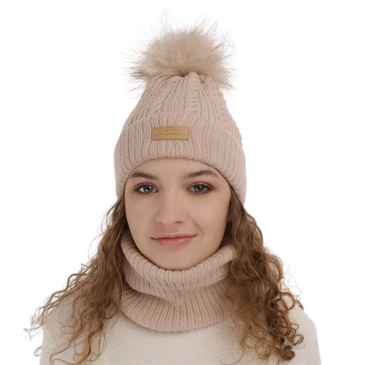 Girl's winter set: hat and tube scarf beige Alika with pompom