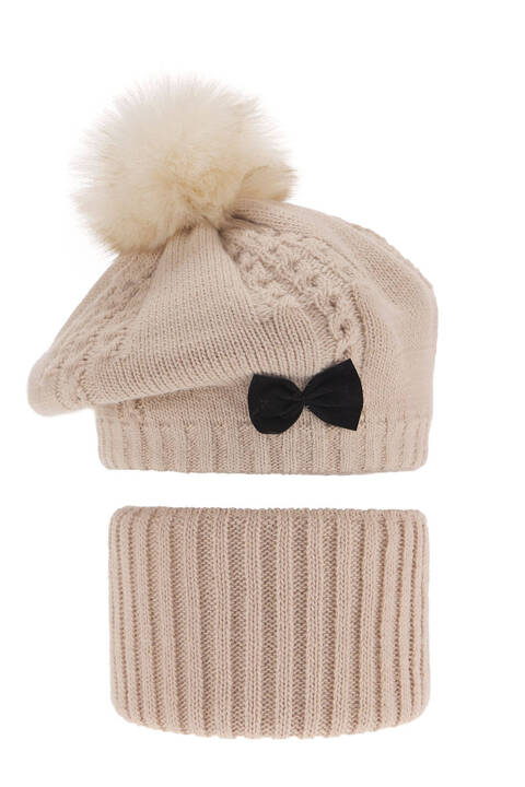 Girl's winter set: hat and tube scarf beige Amora with pompom