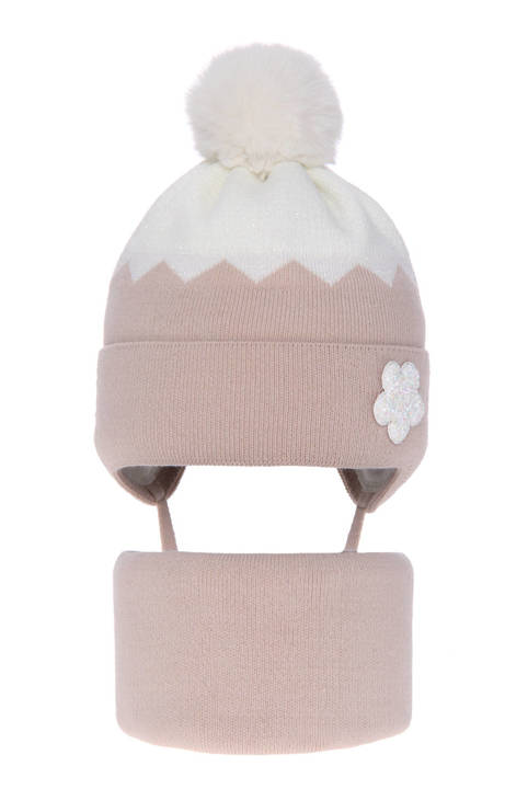 Girl's winter set: hat and tube scarf beige Danka with pompom