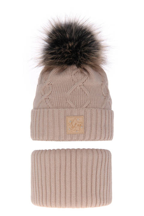 Girl's winter set: hat and tube scarf beige Dina with pompom