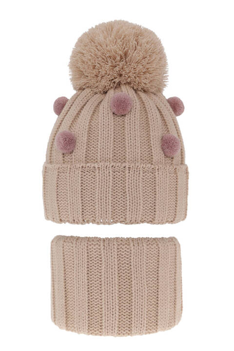 Girl's winter set: hat and tube scarf beige Hekate with pompom