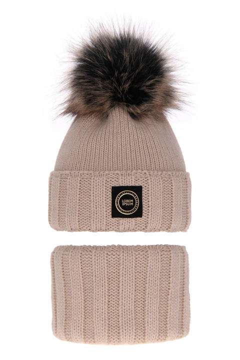 Girl's winter set: hat and tube scarf beige Hendi with pompom