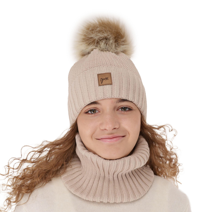 Girl's winter set: hat and tube scarf beige Juliette with pompom