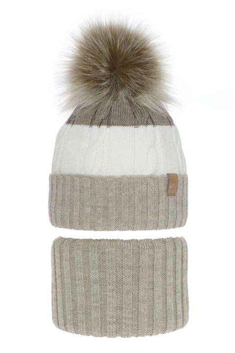 Girl's winter set: hat and tube scarf beige Karmelita with pompom