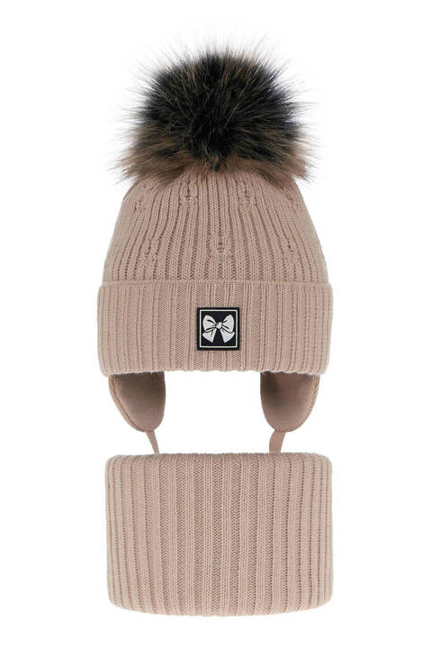 Girl's winter set: hat and tube scarf beige Kinia with pompom