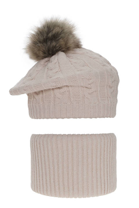 Girl's winter set: hat and tube scarf beige Koffi with pompom