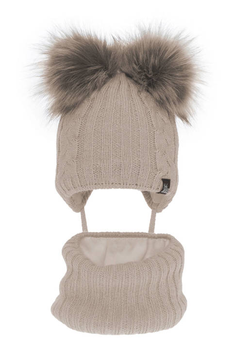 Girl's winter set: hat and tube scarf beige Marlen with two pompom