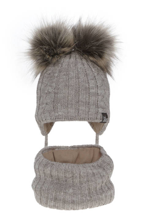 Girl's winter set: hat and tube scarf beige Marlen with two pompom