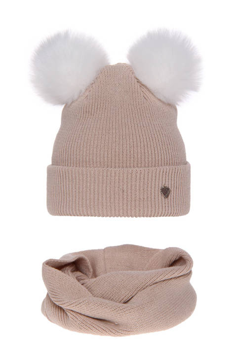 Girl's winter set: hat and tube scarf beige Milagros with two pompom