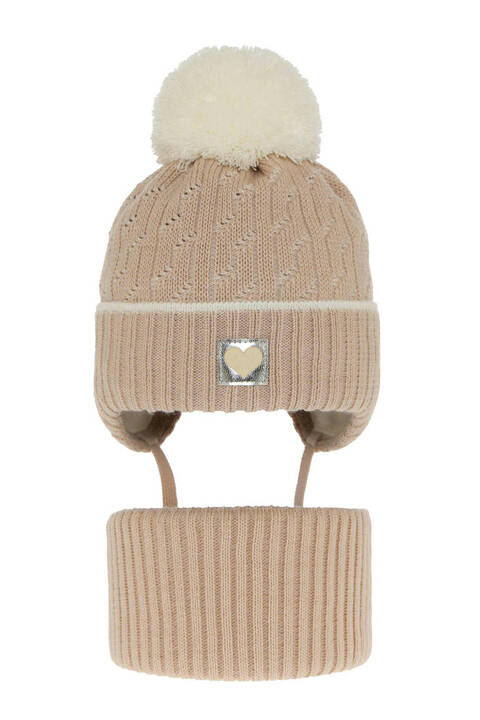 Girl's winter set: hat and tube scarf beige Natka with pompom