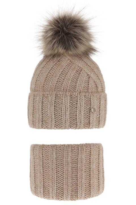 Girl's winter set: hat and tube scarf beige Polaris with pompom