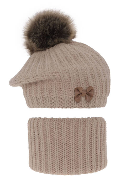 Girl's winter set: hat and tube scarf beige Polinezja with pompom