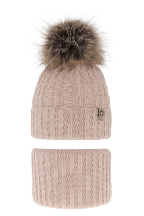 Girl's winter set: hat and tube scarf beige Pretoria with pompom