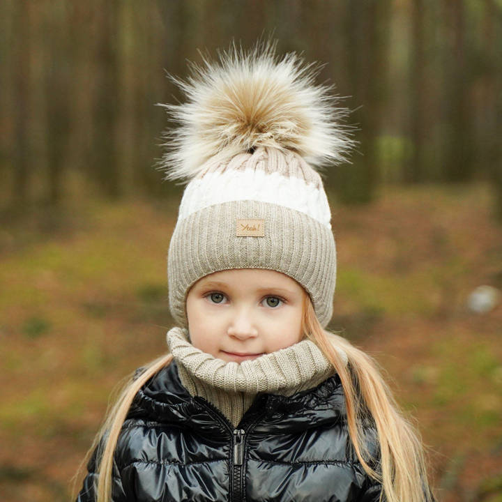 Girl's winter set: hat and tube scarf beige Riviera with pompom