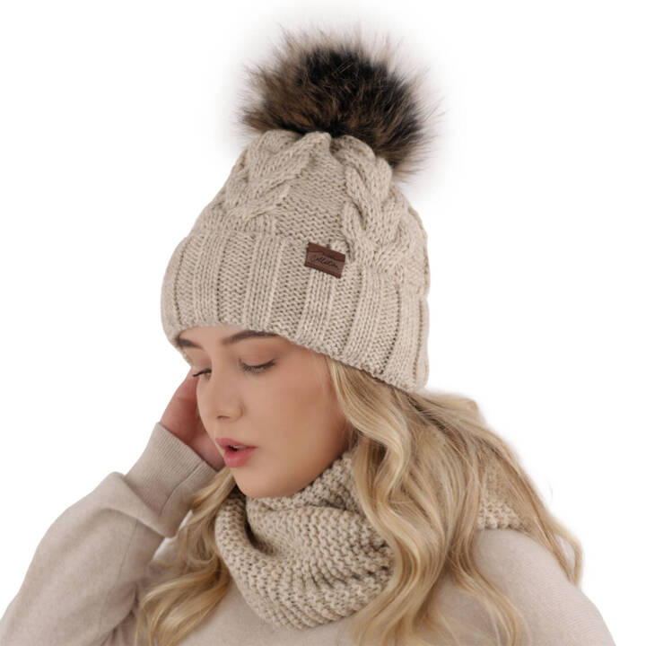 Girl's winter set: hat and tube scarf beige Torina with pompom