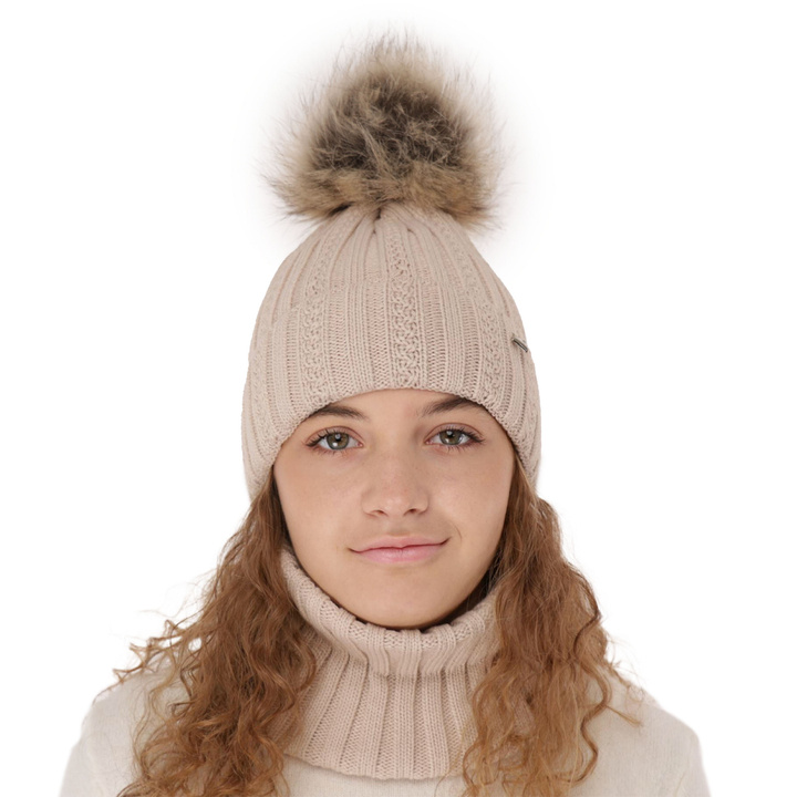 Girl's winter set: hat and tube scarf beige Wirginia with pompom