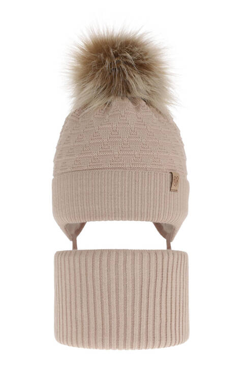 Girl's winter set: hat and tube scarf beige with pompom Egeria