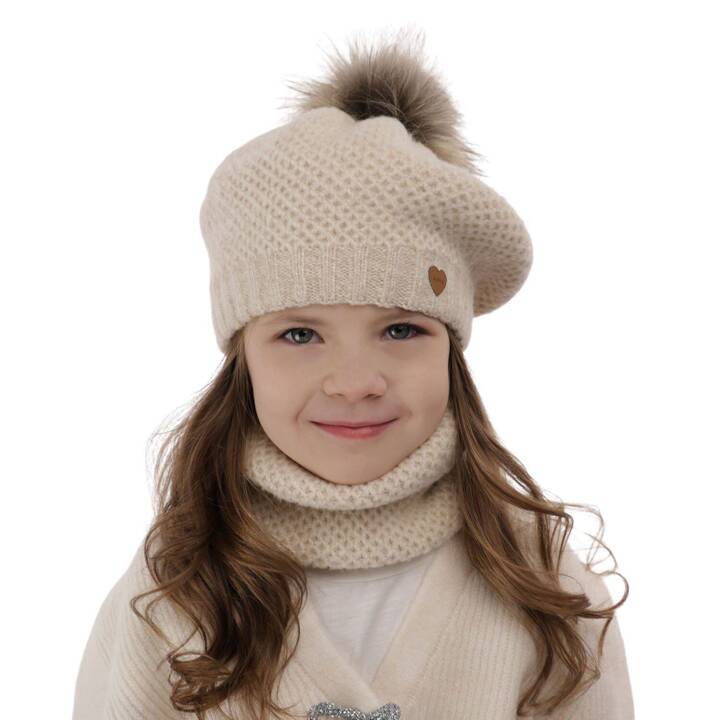 Girl's winter set: hat and tube scarf beige with pompom Francesca