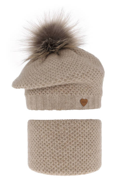 Girl's winter set: hat and tube scarf beige with pompom Francesca