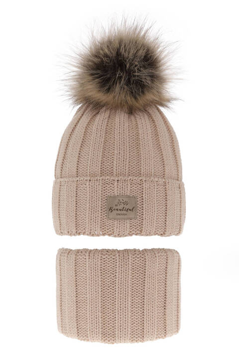 Girl's winter set: hat and tube scarf beige with pompom Kalope