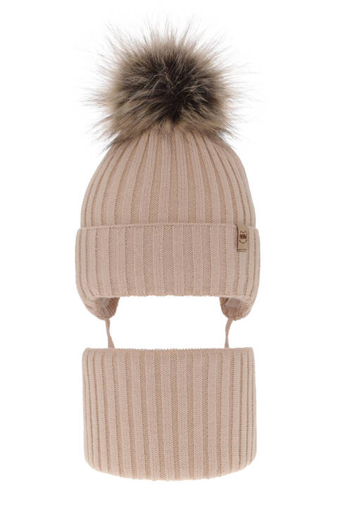 Girl's winter set: hat and tube scarf beige with pompom Louisa