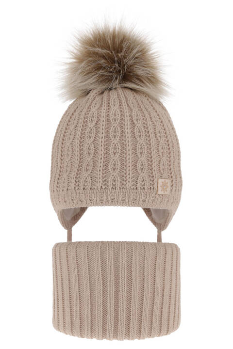 Girl's winter set: hat and tube scarf beige with pompom Passa