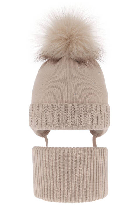 Girl's winter set: hat and tube scarf beige with pompom Renia