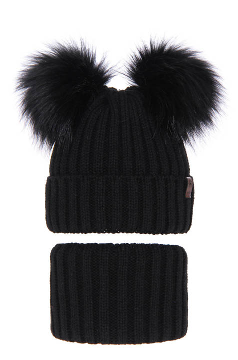 Girl's winter set: hat and tube scarf black Donata with two pompom