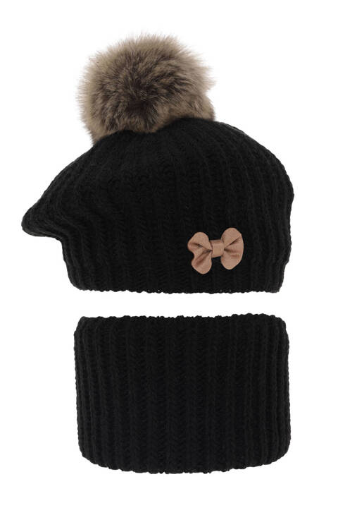 Girl's winter set: hat and tube scarf black Elif with pompom