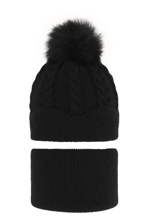 Girl's winter set: hat and tube scarf black Etula with pompom