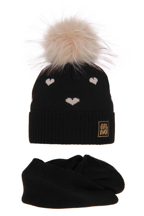 Girl's winter set: hat and tube scarf black Jasmin with pompom