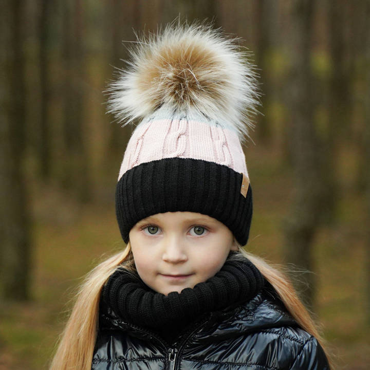 Girl's winter set: hat and tube scarf black Karmelita with pompom